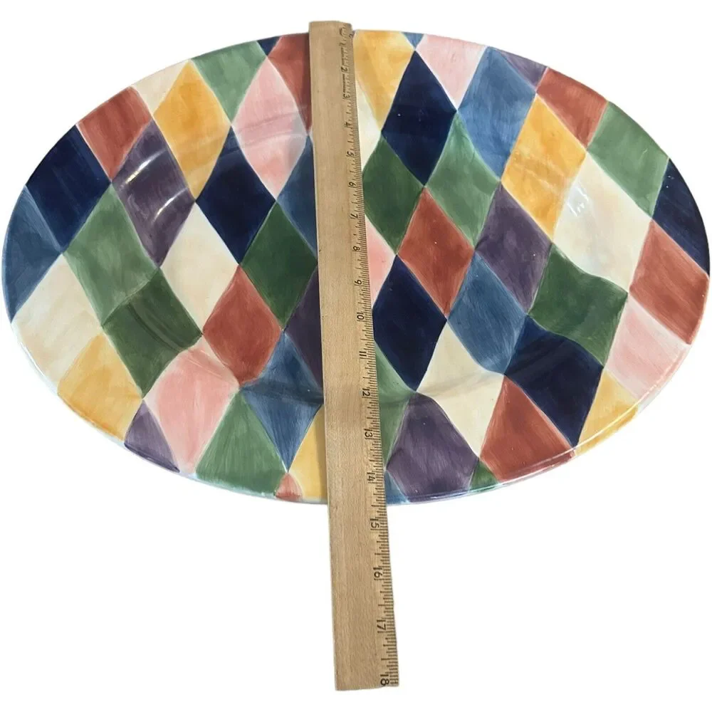 Tabletops Unlimited Carnival Diamond Handpainted 18" Oval Serving Platter XLarge - Picture 8 of 11